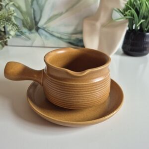 Vintage Denby Langley Canterbury Tan Gravy Boat and Under Plate 60s MCM